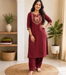 Cotton blend maroon embroidered kurta with pant set for women