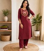 Cotton blend maroon embroidered kurta with pant set for women
