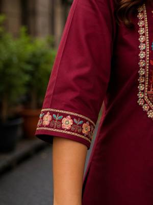 Cotton blend maroon embroidered kurta with pant set for women 4
