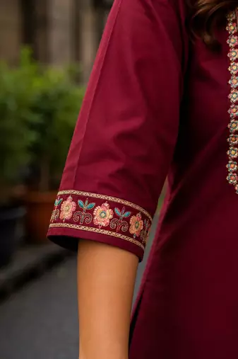 Cotton blend maroon embroidered kurta with pant set for women