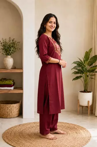 Cotton blend maroon embroidered kurta with pant set for women