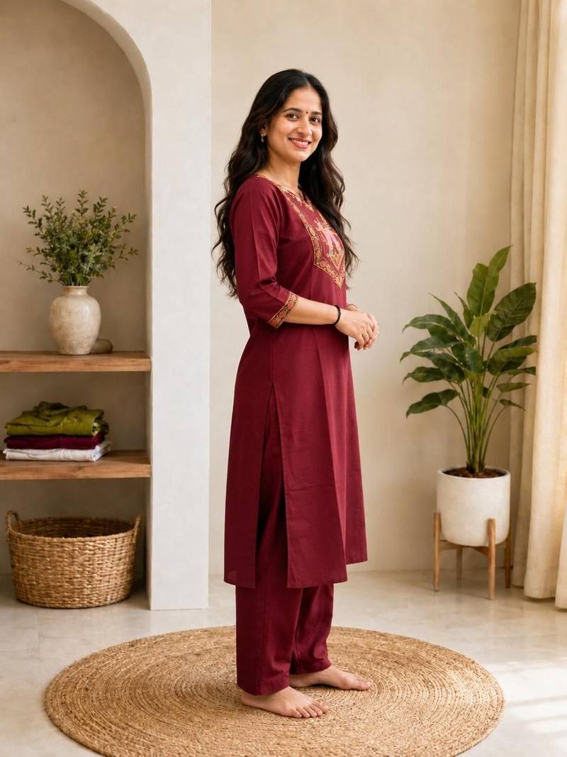 Cotton blend maroon embroidered kurta with pant set for women
