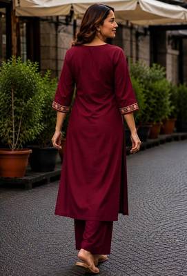 Cotton blend maroon embroidered kurta with pant set for women 5