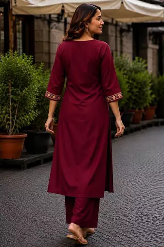 Cotton blend maroon embroidered kurta with pant set for women