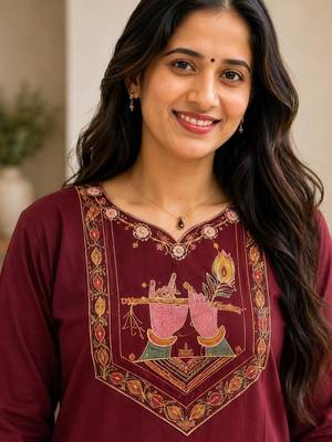 Cotton blend maroon embroidered kurta with pant set for women 3