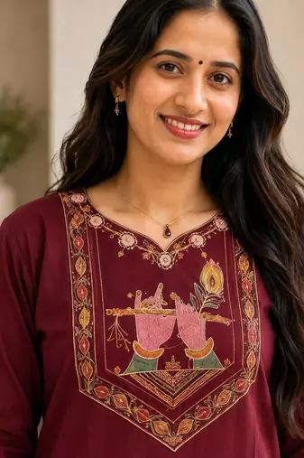 Cotton blend maroon embroidered kurta with pant set for women