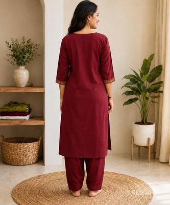 Cotton blend maroon embroidered kurta with pant set for women 4