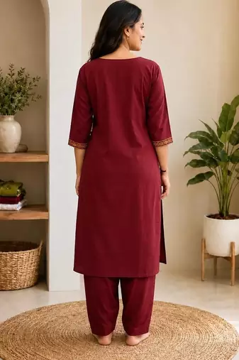 Cotton blend maroon embroidered kurta with pant set for women