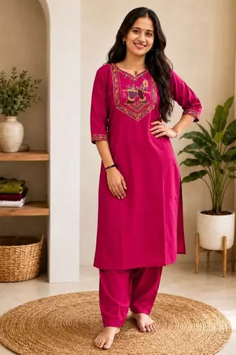 Cotton blend pink embroidered kurta with pant set for women