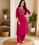 Cotton blend pink embroidered kurta with pant set for women