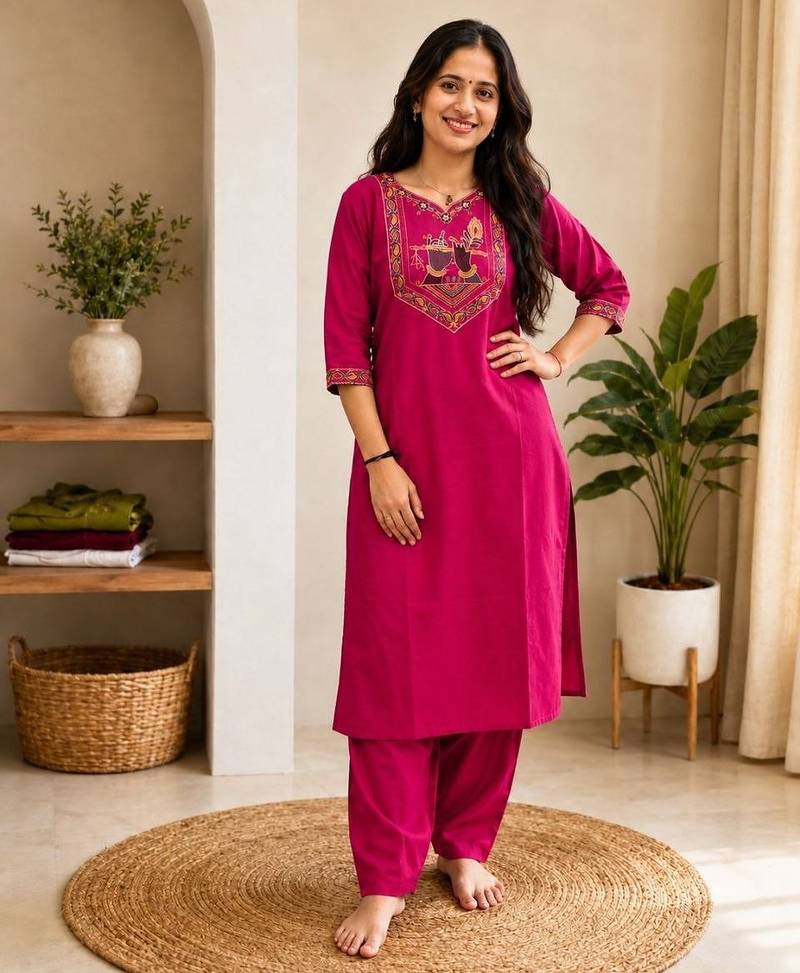 Cotton blend pink embroidered kurta with pant set for women