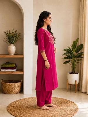 Cotton blend pink embroidered kurta with pant set for women 2