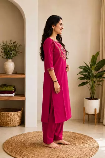 Cotton blend pink embroidered kurta with pant set for women