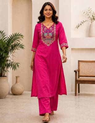 Cotton blend pink embroidered kurta with pant set for women 1