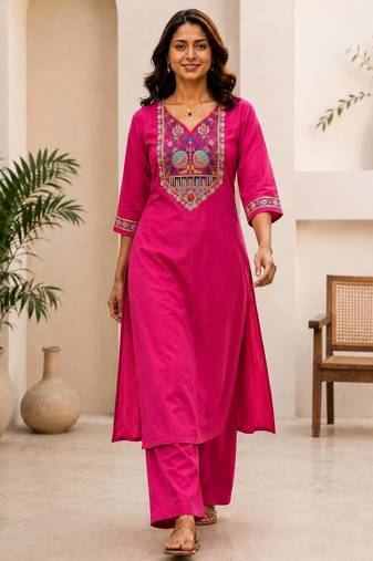 Cotton blend pink embroidered kurta with pant set for women