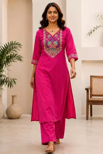 Cotton blend pink embroidered kurta with pant set for women