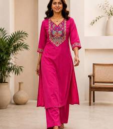 Cotton blend pink embroidered kurta with pant set for women