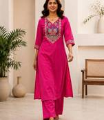 Cotton blend pink embroidered kurta with pant set for women