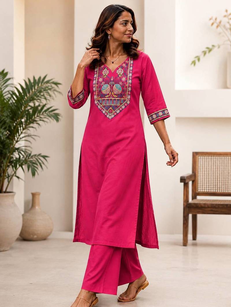 Cotton blend pink embroidered kurta with pant set for women