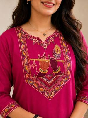 Cotton blend pink embroidered kurta with pant set for women 3