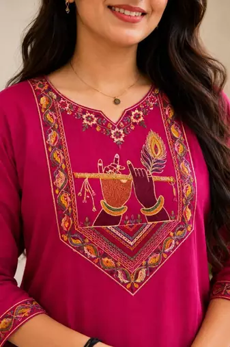 Cotton blend pink embroidered kurta with pant set for women
