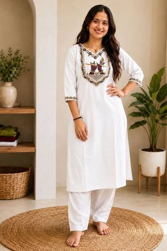 Cotton blend white embroidered kurta with pant set for women
