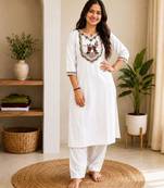 Cotton blend white embroidered kurta with pant set for women