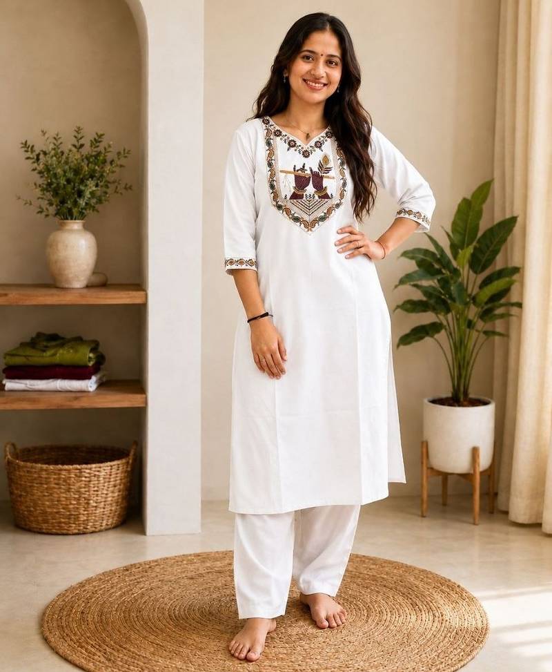 Cotton blend white embroidered kurta with pant set for women