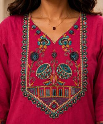 Cotton blend pink embroidered kurta with pant set for women 3