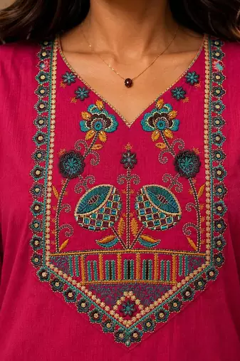 Cotton blend pink embroidered kurta with pant set for women