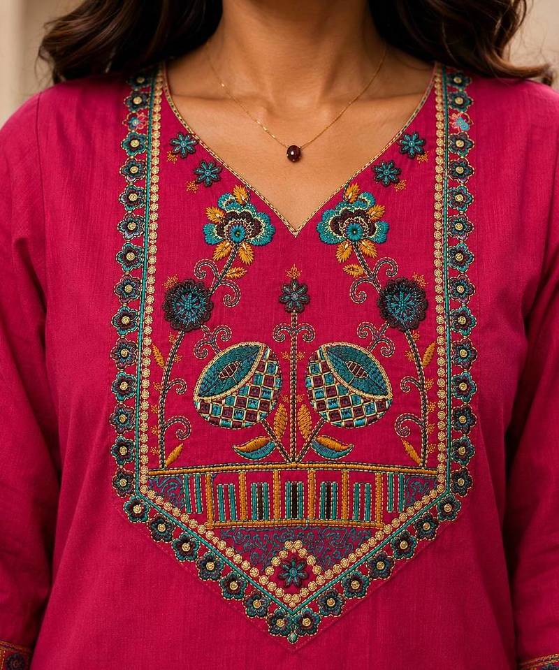 Cotton blend pink embroidered kurta with pant set for women