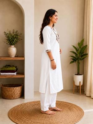 Cotton blend white embroidered kurta with pant set for women 2