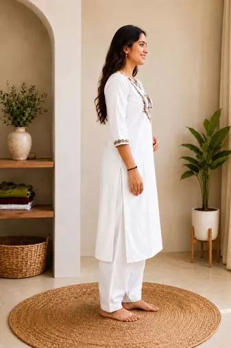 Cotton blend white embroidered kurta with pant set for women