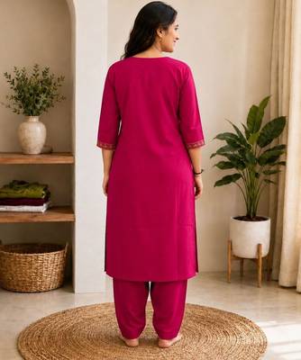 Cotton blend pink embroidered kurta with pant set for women 4