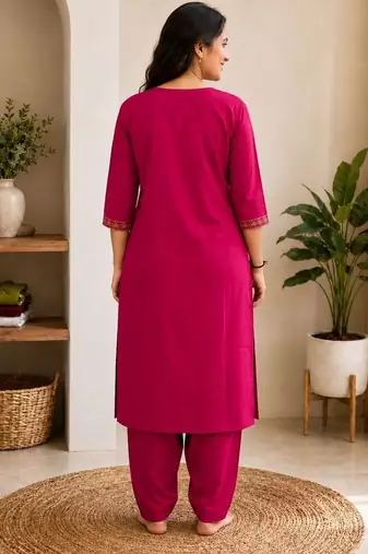 Cotton blend pink embroidered kurta with pant set for women