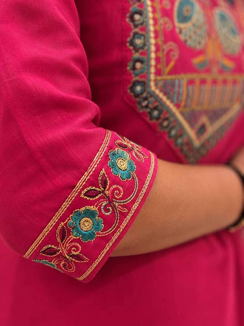 Cotton blend pink embroidered kurta with pant set for women