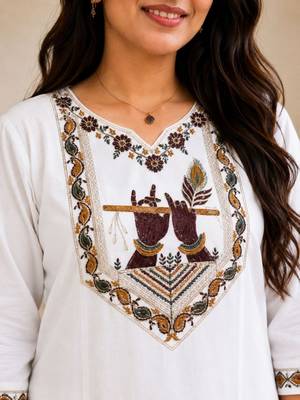 Cotton blend white embroidered kurta with pant set for women 3