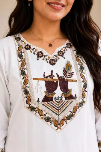 Cotton blend white embroidered kurta with pant set for women