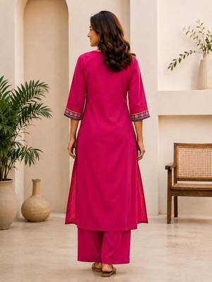 Cotton blend pink embroidered kurta with pant set for women 5