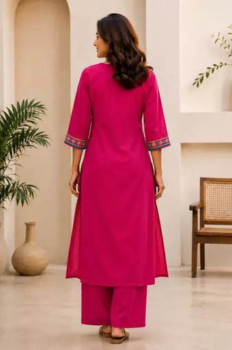 Cotton blend pink embroidered kurta with pant set for women