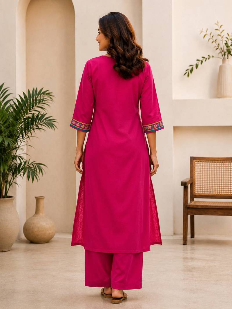 Cotton blend pink embroidered kurta with pant set for women