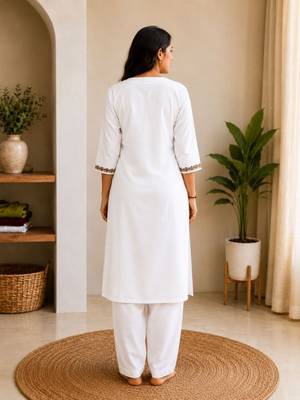 Cotton blend white embroidered kurta with pant set for women 4