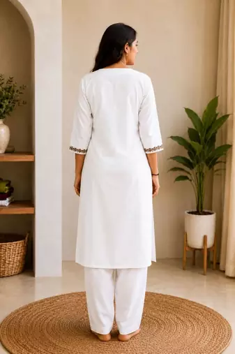 Cotton blend white embroidered kurta with pant set for women