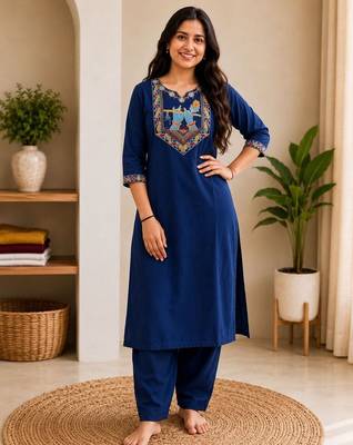 Cotton blend blue embroidered kurta with pant set for women 1