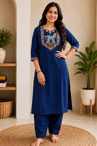 Cotton blend blue embroidered kurta with pant set for women