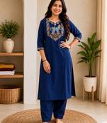 Cotton blend blue embroidered kurta with pant set for women