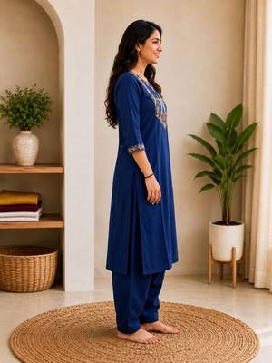 Cotton blend blue embroidered kurta with pant set for women 2