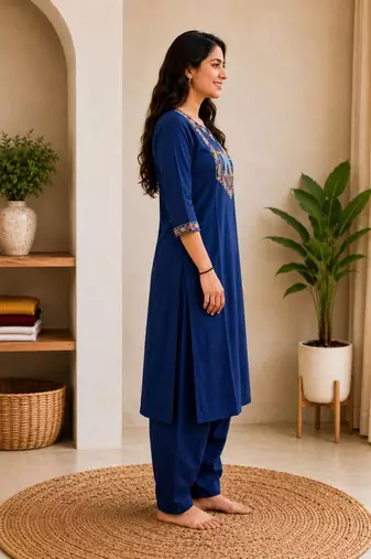 Cotton blend blue embroidered kurta with pant set for women