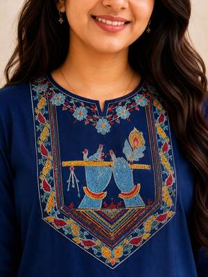 Cotton blend blue embroidered kurta with pant set for women 3