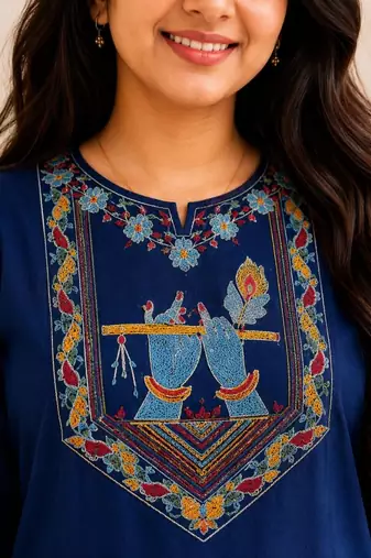 Cotton blend blue embroidered kurta with pant set for women